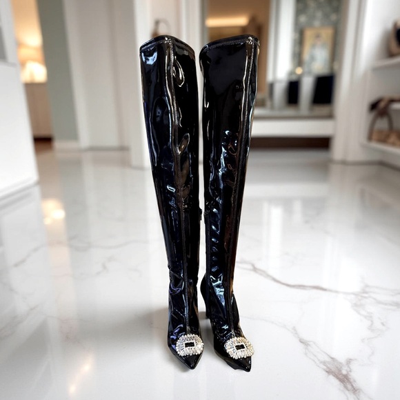 INC International Concepts NWT Size 6 Black Patent Leather Over the Knee Boots - Picture 2 of 14